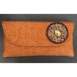 African Maasai Beaded Clutch Purse Woven Orange Brown Gold Tribal Medallion